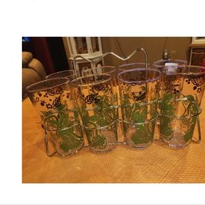 Vintage Mid-Century Set of 8 Beautiful Green and Gold Tumblers w/ Metal Carrier